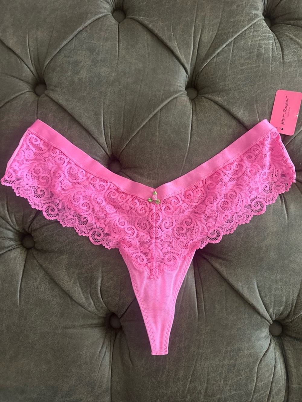 NWT Betsey Johnson Bright Pink Lace Thong (Size L)